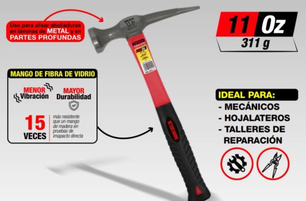 Martillo para laminero,desabollador punta larga con mango de fibra de vidrio